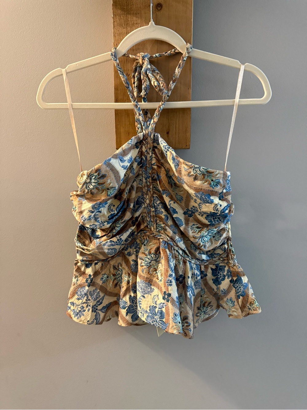 Monteau Beige,Blue & Cream Floral Halter Peplum Camisole, NWTs